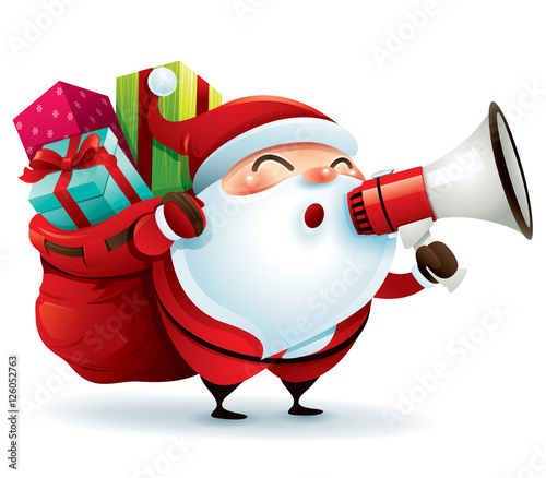 Santa Claus carrying sack and holding megaphone