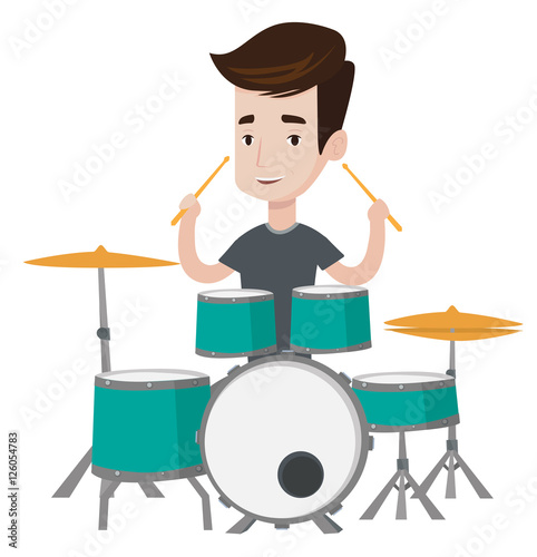 Man playing on drum kit vector illustration.