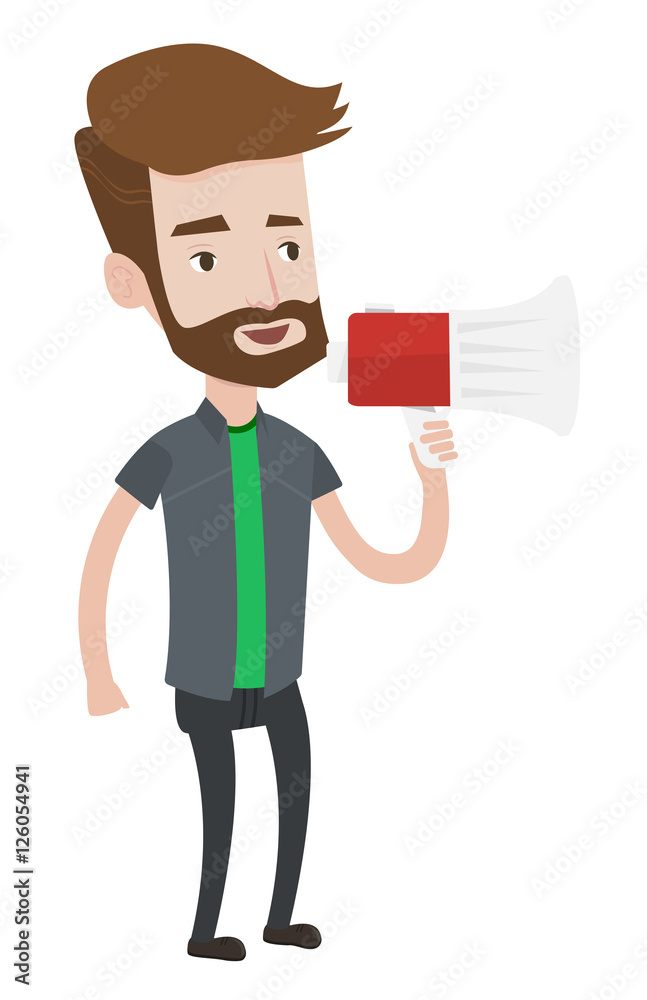 Young hipster man speaking into megaphone. Young hipster man speaking into megaphone.