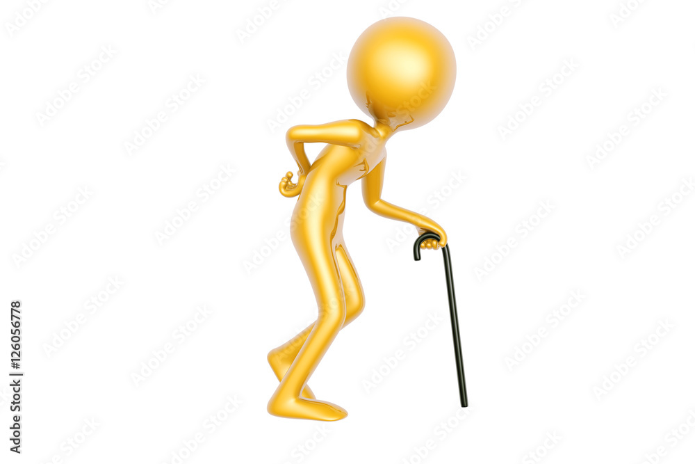 golden old guy with walking stick isolated on white background 3d illustration golden old guy with walking stick isolated on white background 3d illustration