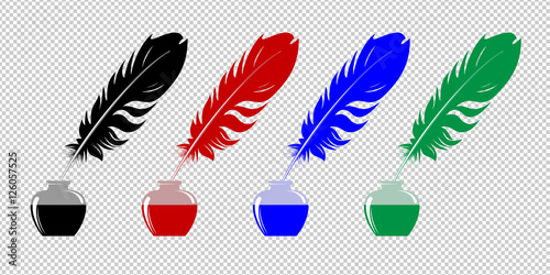 Set of inkwells with a feathers of different colors.
