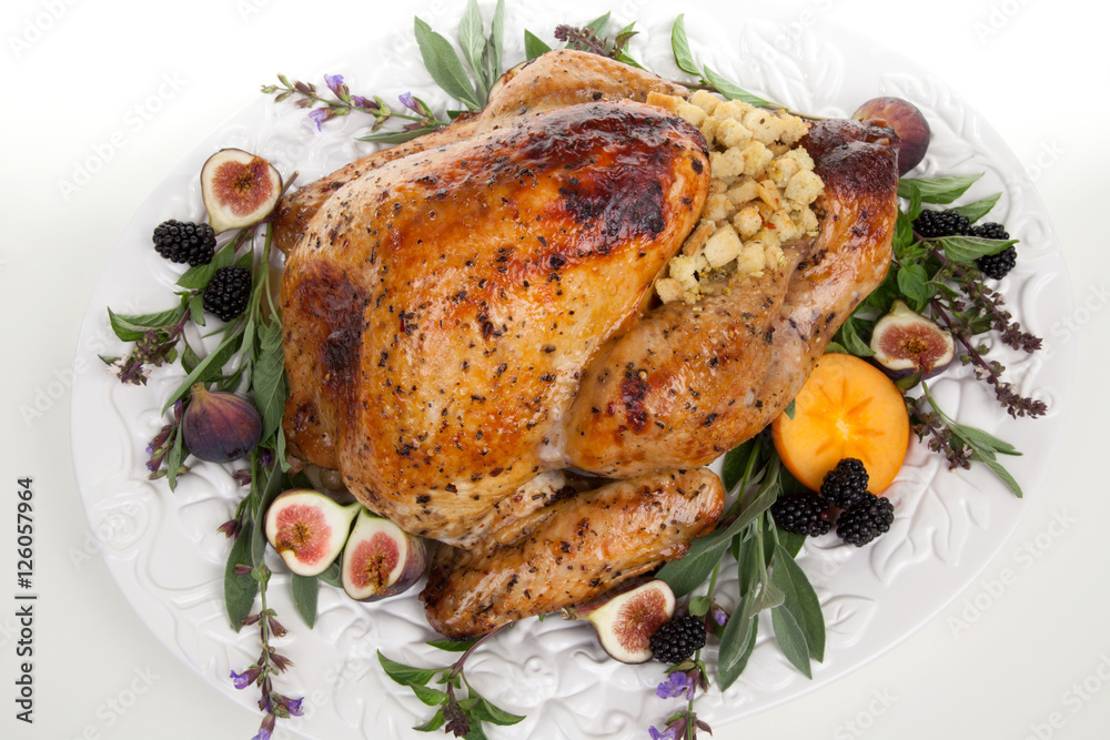 Garnished turkey on serving tray