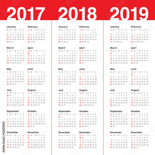 Simple Calendar template for 2017 to 2019