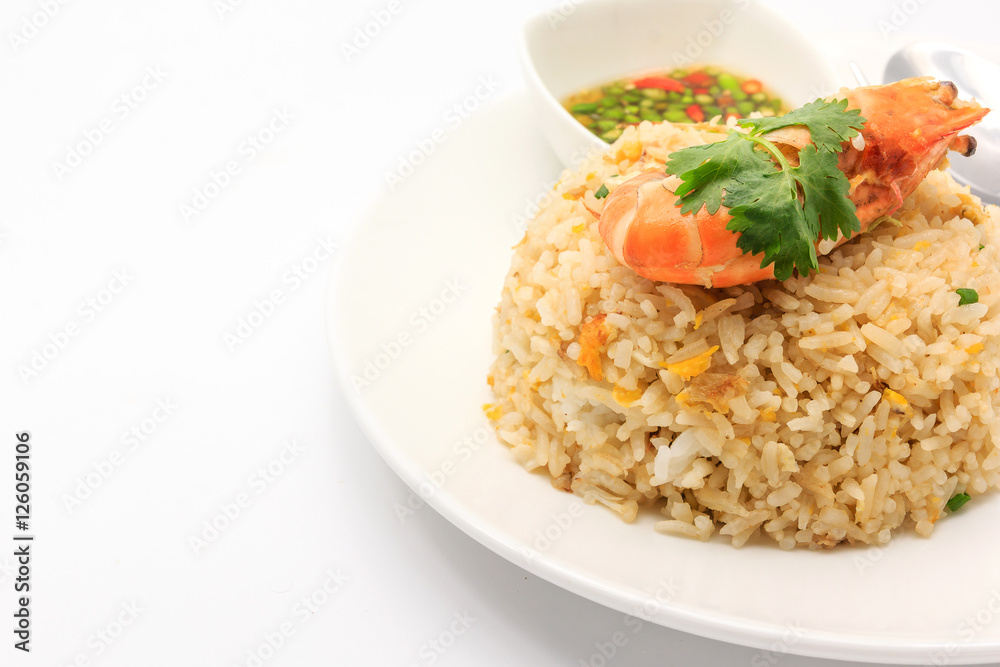 Fried rice with crab and shrimp isolated on awhite background with copy space and text, Fried rice thai style Asia Thailand