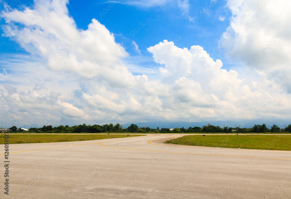 Airport Runway Beautiful Blue Sky with Clouds