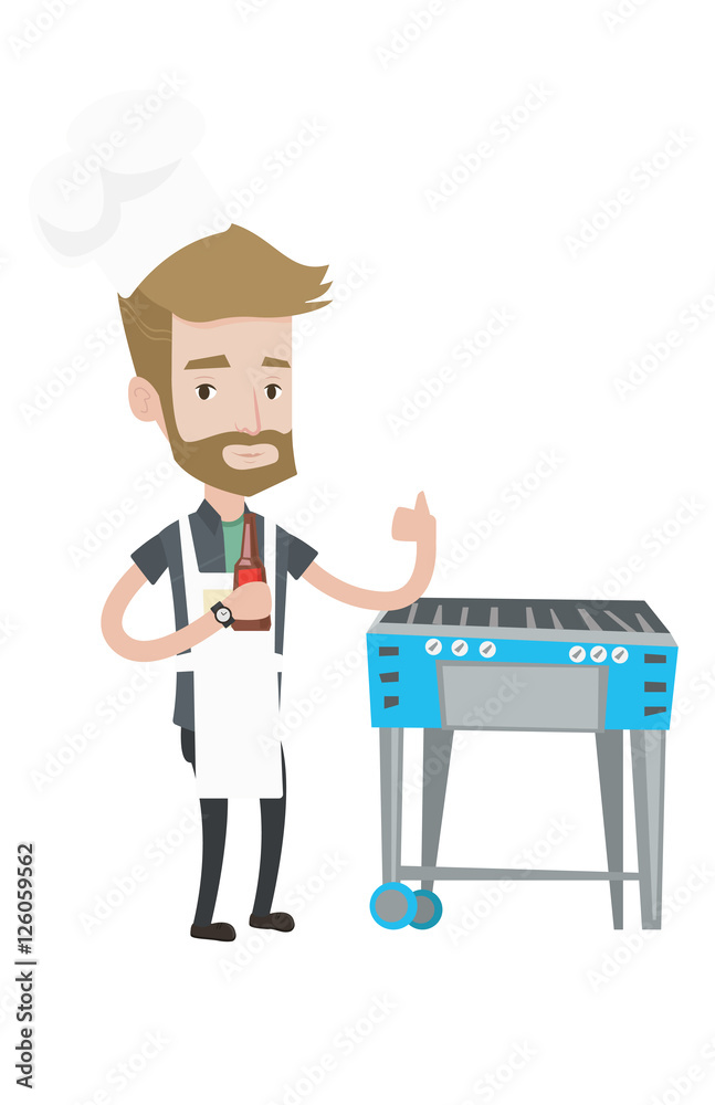 Man cooking meat on gas barbecue grill.