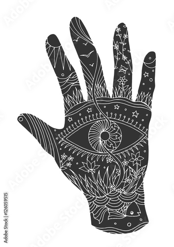 eye in hand symbol world, universe vector hand drawn illustration design