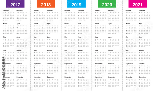 Simple Calendar template for 2017 to 2021