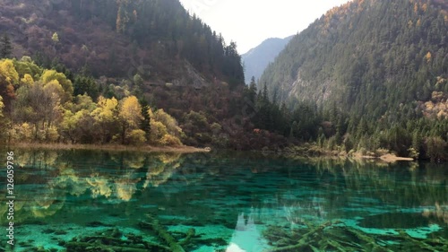 Beautiful five flower pond  at Jiuzhaigou National Park  lake,  The UNESCO World Heritage in Sichuan , China in  Autumn  in November  located in  in  Tibetan-Qiang of Sichuan ,China