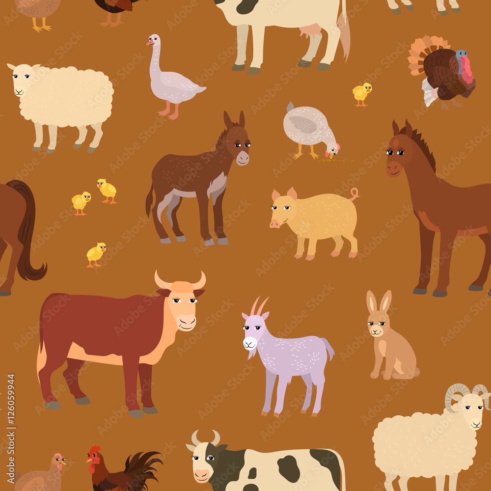 Seamless pattern with cartoon farm animals.