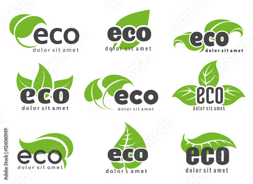Eco and nature logo labels with green leaves isolated on white background. Vector illustration