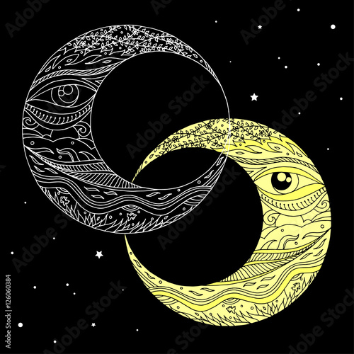couple moon hand drawing vector zentangle illustration design