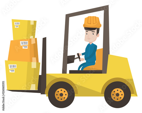 Warehouse worker moving load by forklift truck.