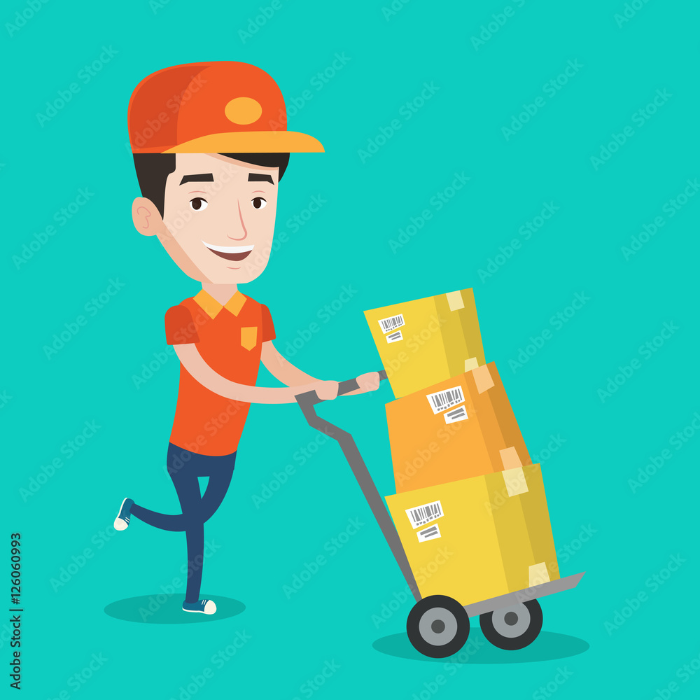 Delivery postman with cardboard boxes on trolley. Delivery postman with cardboard boxes on trolley.