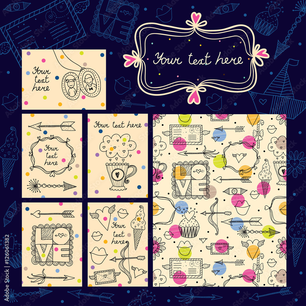 Vector set of Save the date cards, romantic invitations. Love postcards and background.