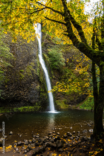 Horsetail falls with autumn color
