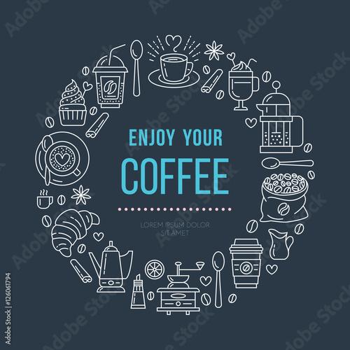 Coffee shop poster template. Vector line illustration of coffeemaking equipment. Elements - espresso cup, french press, croissant, hot drinks, cupcake, coffee grinder. Cafe, bar banner design
