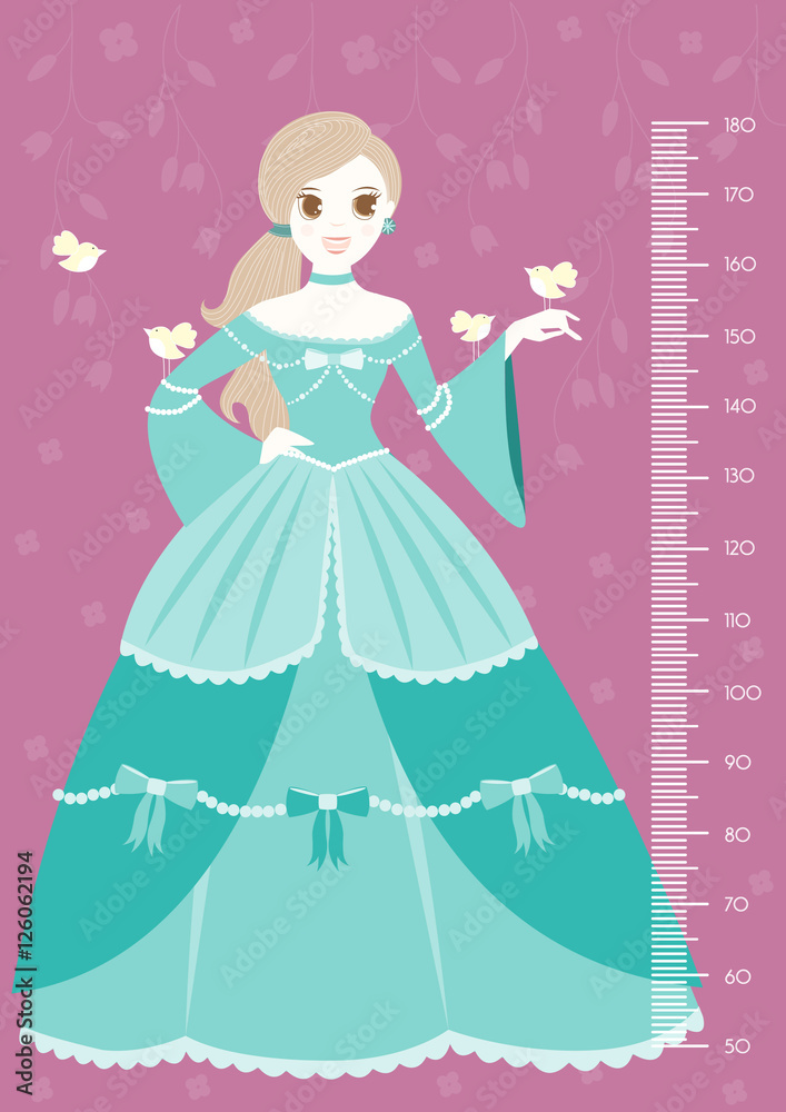 Fototapeta premium Beautiful princess keeping bird with meter wall or height meter from 50 to 180 centimeter,Vector illustrations