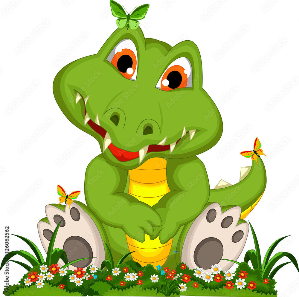 Naklejka premium funny crocodile cartoon with flower garden