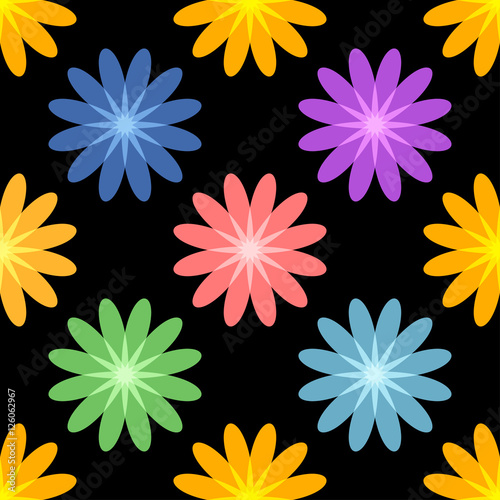 Bright colored flowers. Colored stars. Seamless pattern. Black background.