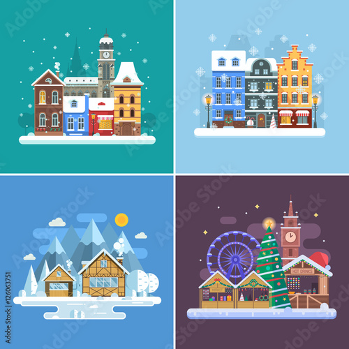 New Year and winter travel backgrounds. Christmas fair, Europe winter town, snow village in alps and winter city street. Landscape set in flat design. New Year holidays and vacation concept backdrops.