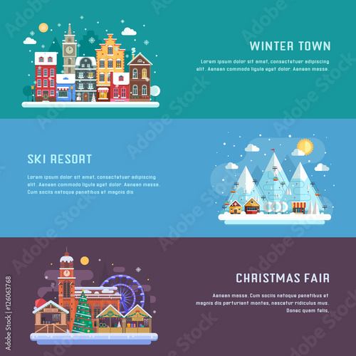 New Year banners with winter travel destinations. Europe snow town, Christmas market and alps mountain ski resort. Winter landscapes in flat design. New Year holidays and vacation concept backgrounds.