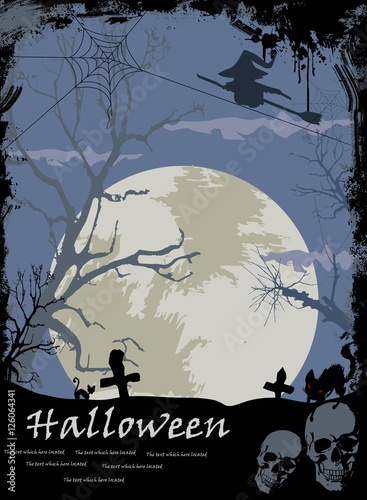 Halloween background with wicked witch, cemetery and full moon