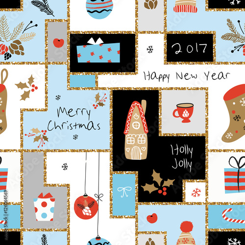 Christmas seamless pattern with different signs on Christmas and New Year: wreath, cake, gingerbread house, mittens, toys, gifts and socks. Background, backdrop, texture, textile 