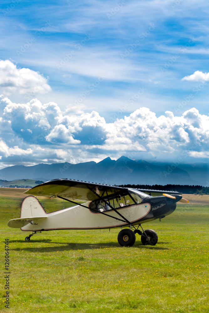 Retro plane landed on meadow in mountains Retro plane landed on meadow in mountains