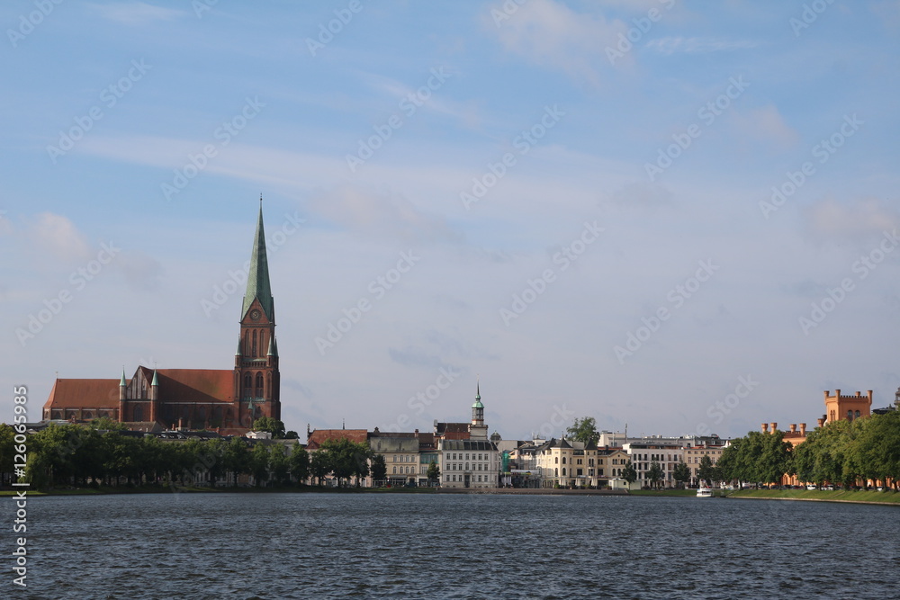 View to Schwerin Cathedral and the old town at Pfaffenteich in Schwerin, Germany