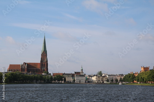 View to Schwerin Cathedral and the old town at Pfaffenteich in Schwerin, Germany