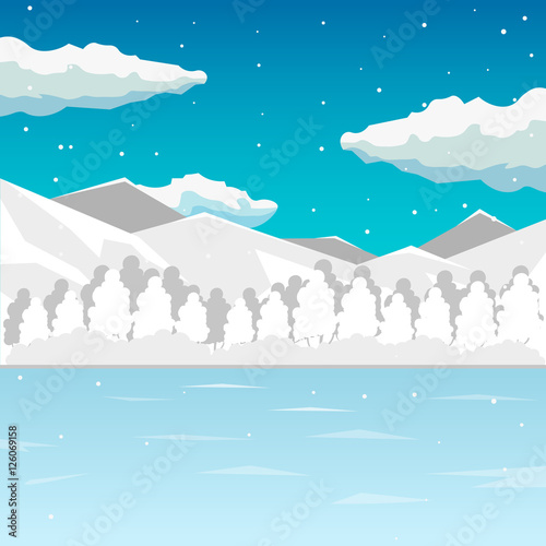 Winter. Sea and mountain landscape, neverending vector illustration, cartoon background for game design. Game location.