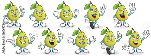 Pear mascot pack, pear character set, vector set of pear fruit.