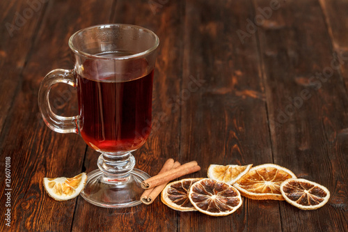 Compote or tea with fruit ingridients, dried orange, cinnamon. Copyspace