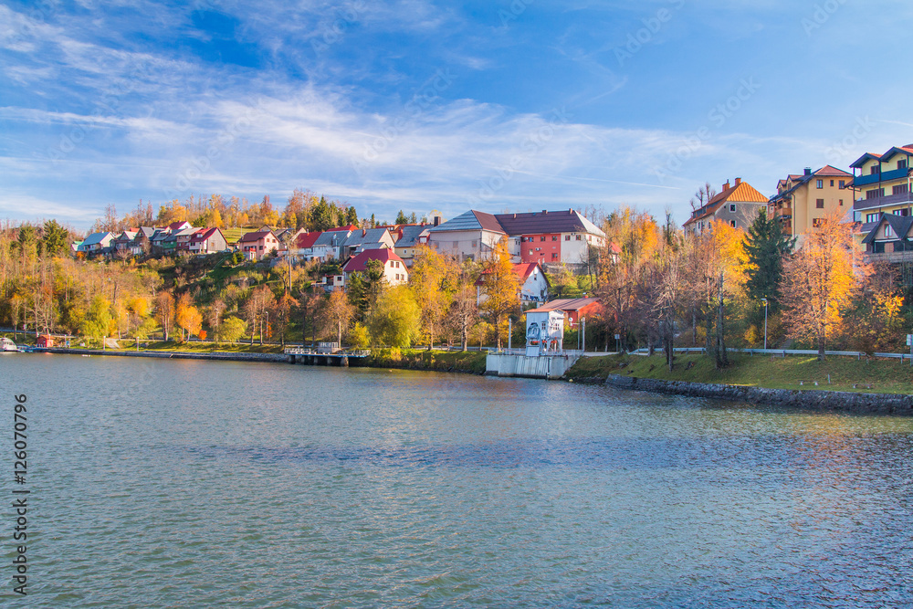     Beautiful town of Fuzine on Lake Bajer, Gorski kotar, Croatia, in autumn 