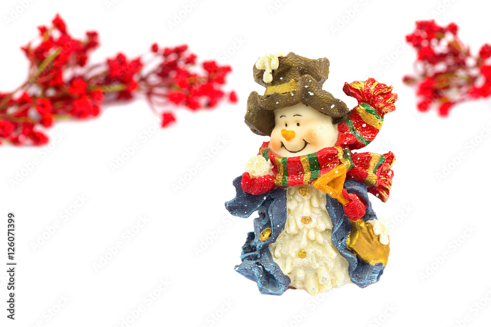 Cute snowman figurine with red berries on white background
