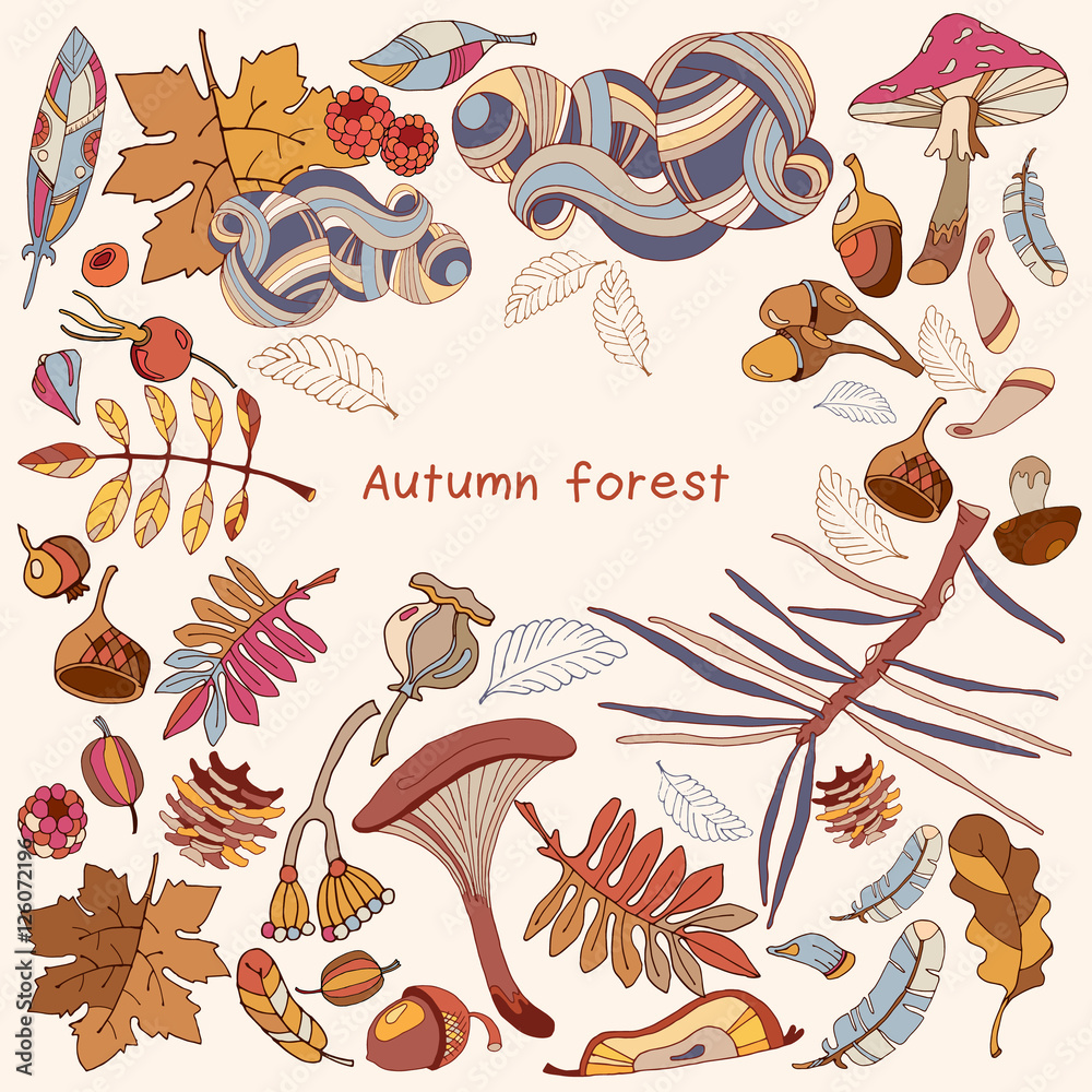 Fototapeta premium Romantic autumn card. Hello Autumn. Acorns, berries