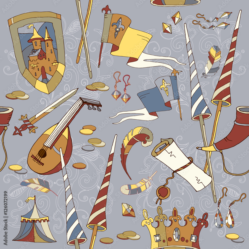 Medieval seamless pattern, castle, medieval sword, crown, herald Stock ...