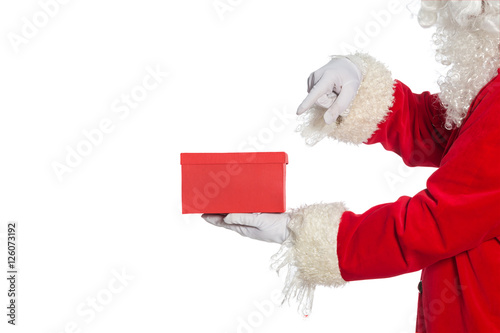 Santa Claus holding gift , Red gift box holding by Santa Claus 