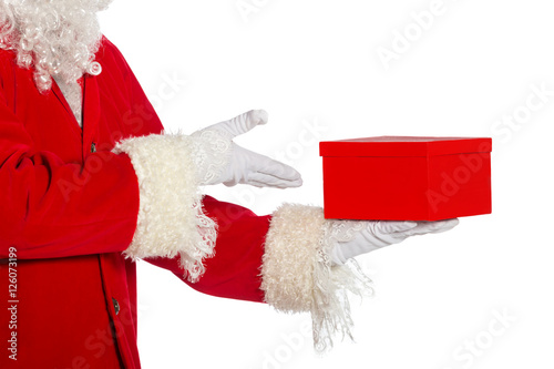 Santa Claus holding gift , Red gift box holding by Santa Claus 