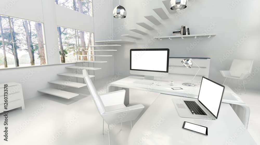 Modern white office interior with computer and devices 3D render Modern white office interior with computer and devices 3D render