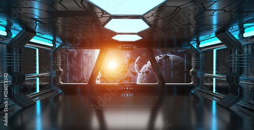 Fototapeta Naklejka Na Ścianę i Meble -  Spaceship interior with view on distant planets system 3D render