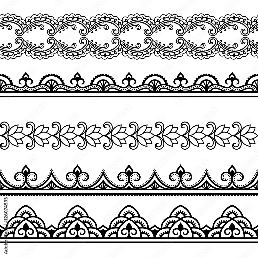 Set of seamless borders for design and application of henna. Mehndi style.
Set of seamless borders for design and application of henna. Mehndi style.