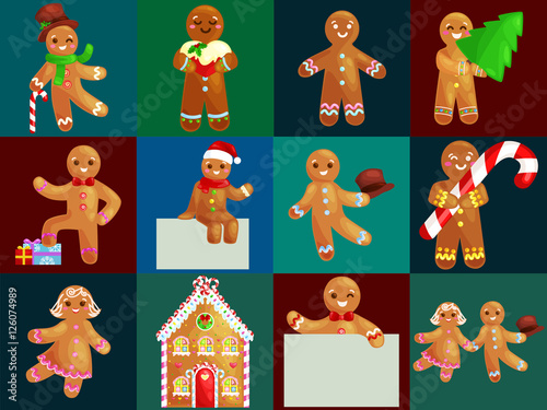 set christmas cookies gingerbread man decorated with icing dancing and having fun in hat with the Christmas tree and gifts, xmas sweet food vector illustration