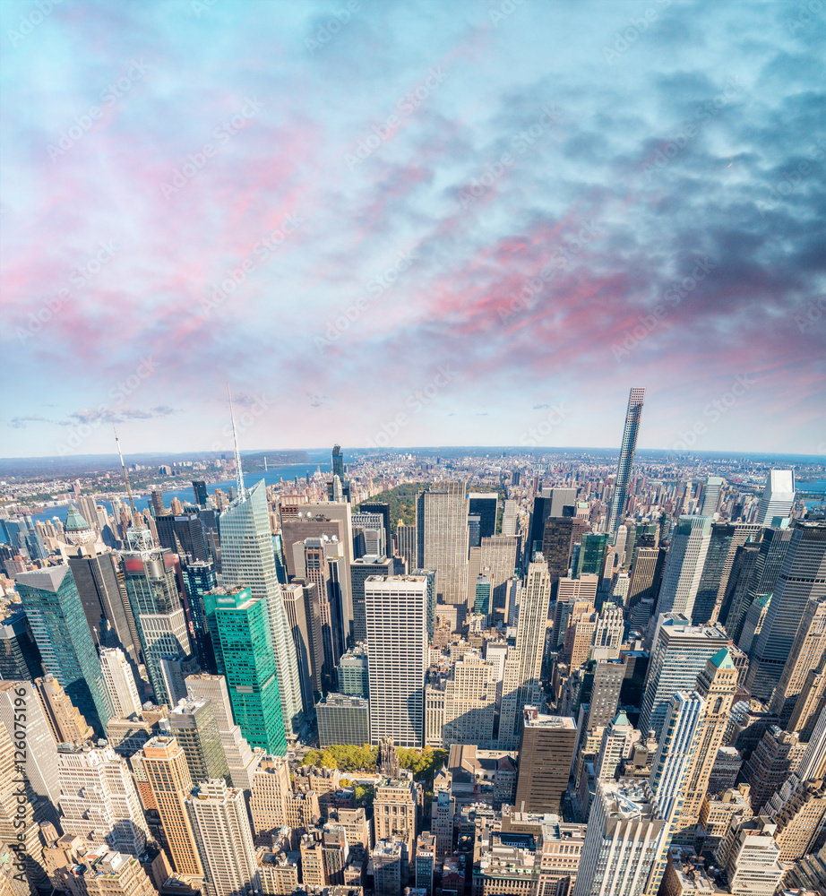 New York aerial skyline at dusk