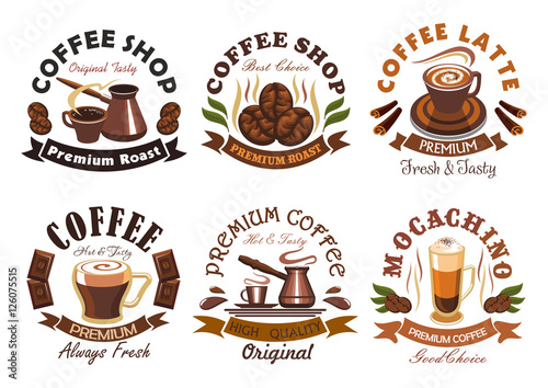 Coffee shop, cafe label emblems set