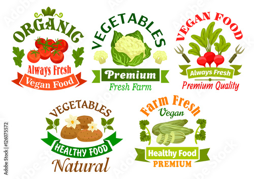 Organic vegan food emblems. Vegetarian vegetables