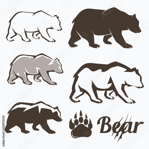 set of walking bear silhouettes in different style, collection o photo