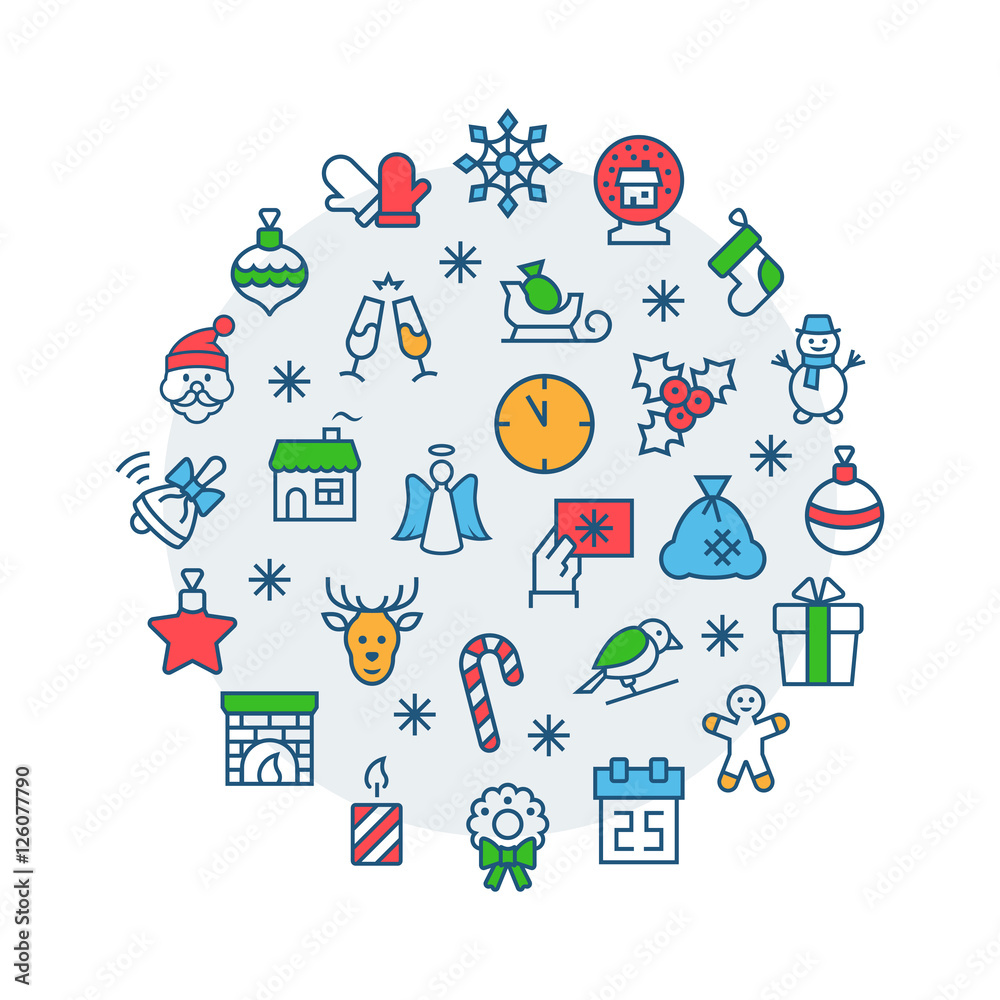 Illustration of Christmas set icons circle in flat style. Vector symbols. Illustration of Christmas set icons circle in flat style. Vector symbols.