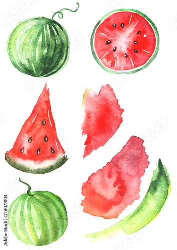 Fototapeta Naklejka Na Ścianę i Meble -  Watercolor set watermelon. The pulp, slice, watermelon seeds, fruit, fruit in cross section. Spot the red and green colors for designs. Other elements in the drawings. On an isolated white background